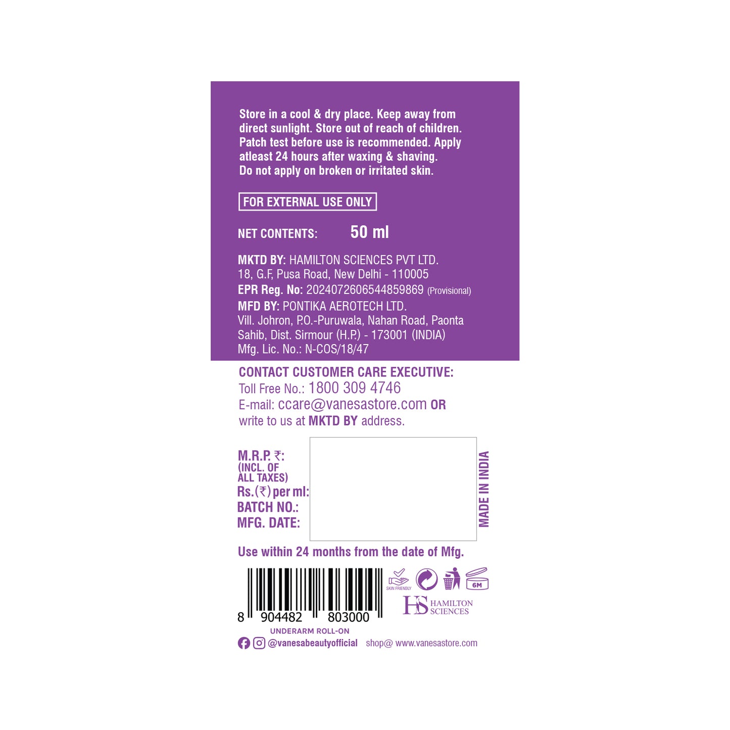 Vanesa Body Roll-On Fresh 50ml Back Image
