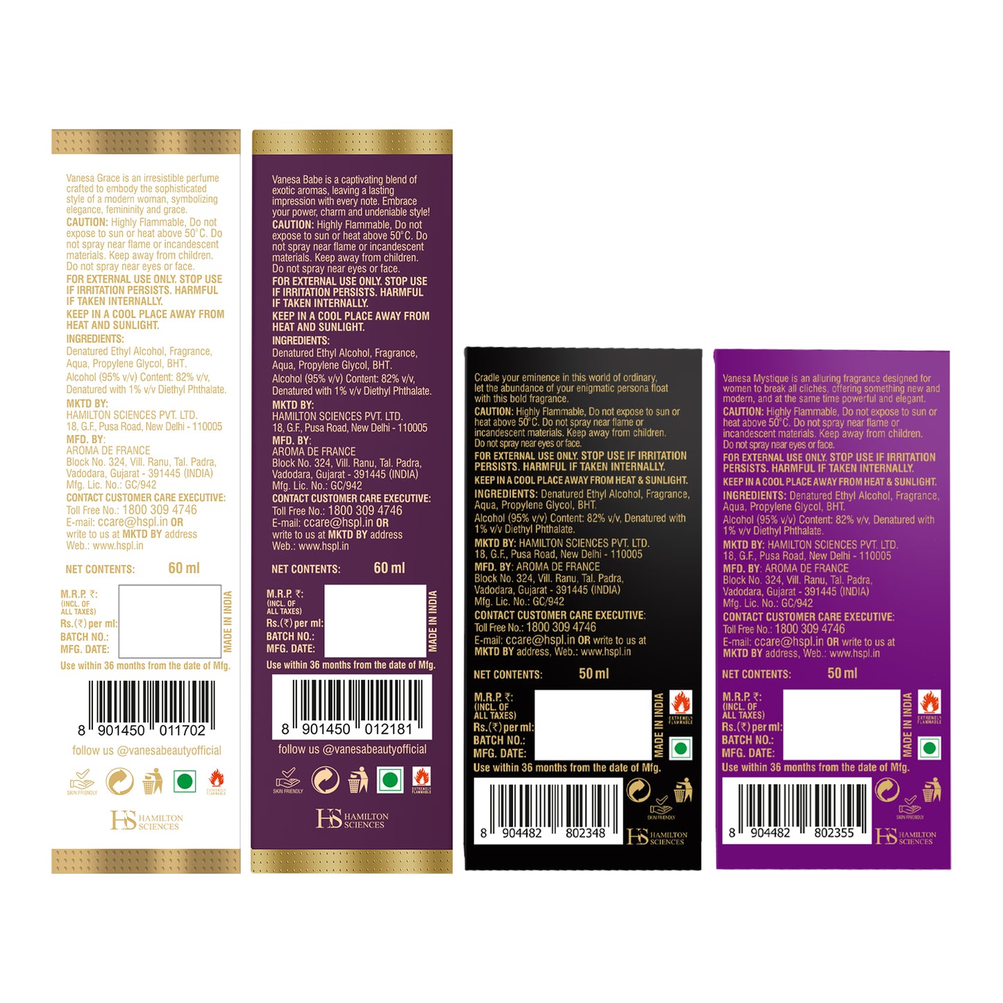 Vanesa Pack of 4 Perfumes (Babe + Grace) 60ml Each + (Enigma + Mystique) 50ml Each