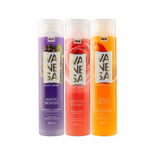 Vanesa Pack of 3 Body Washes (Magic Berries, Fresh Fruity & Sensual Floral) - 200ml Each