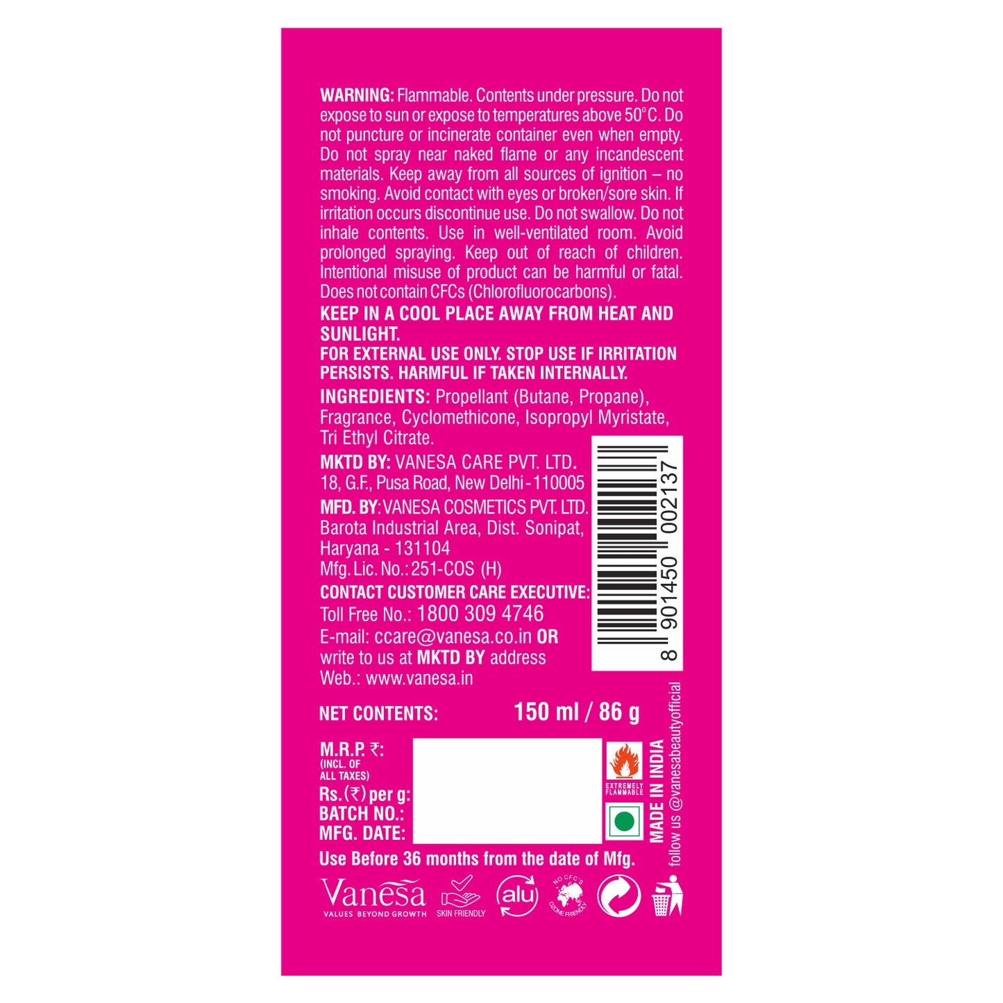 Vanesa Whisper Deo Mist, 0% Alcohol | Skin Friendly | 24 hours Lasting Protection | 150 ml | For Women
