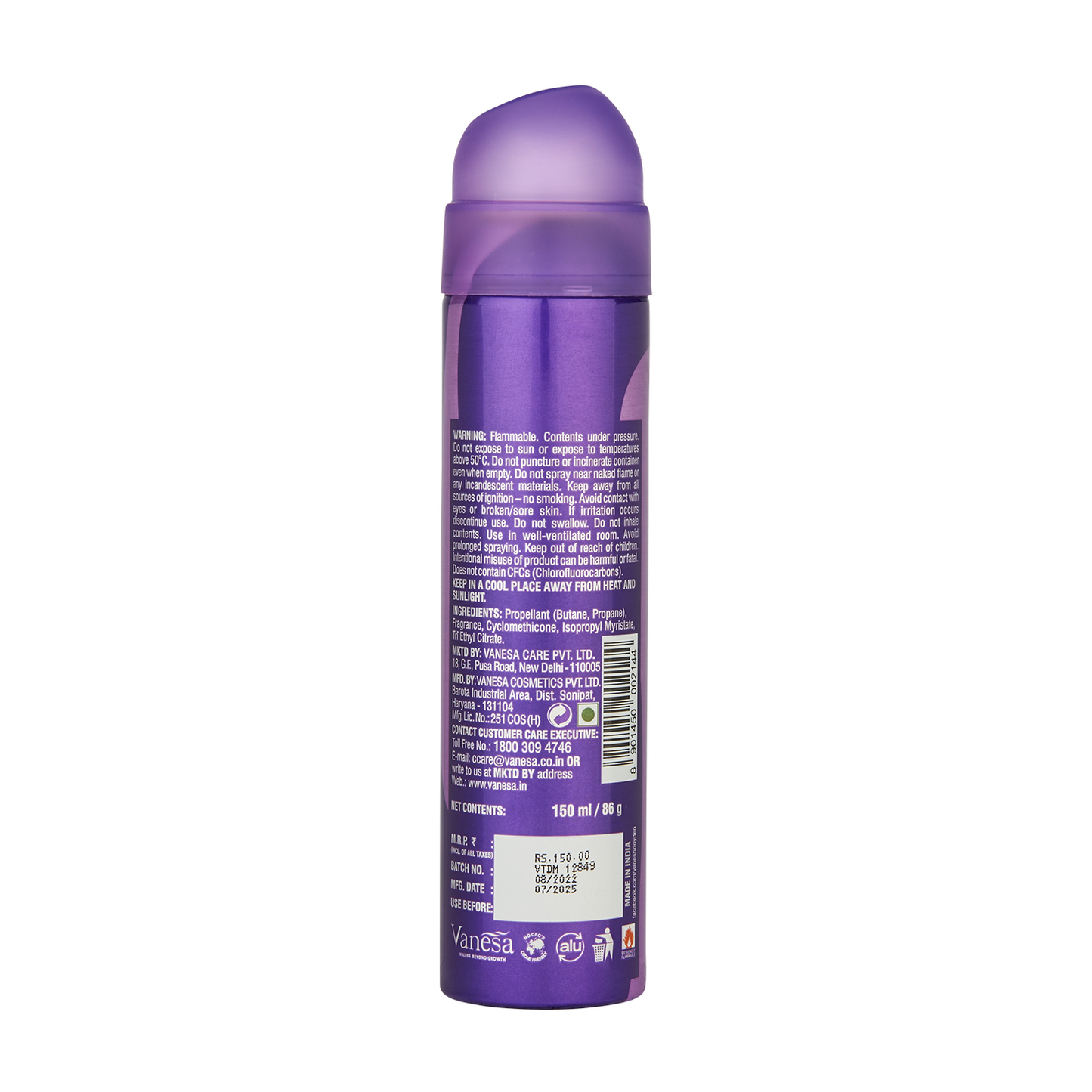 Vanesa Touche Deo Mist, 0% Alcohol | Skin Friendly | 24 hours Lasting Protection | 150 ml | For Women