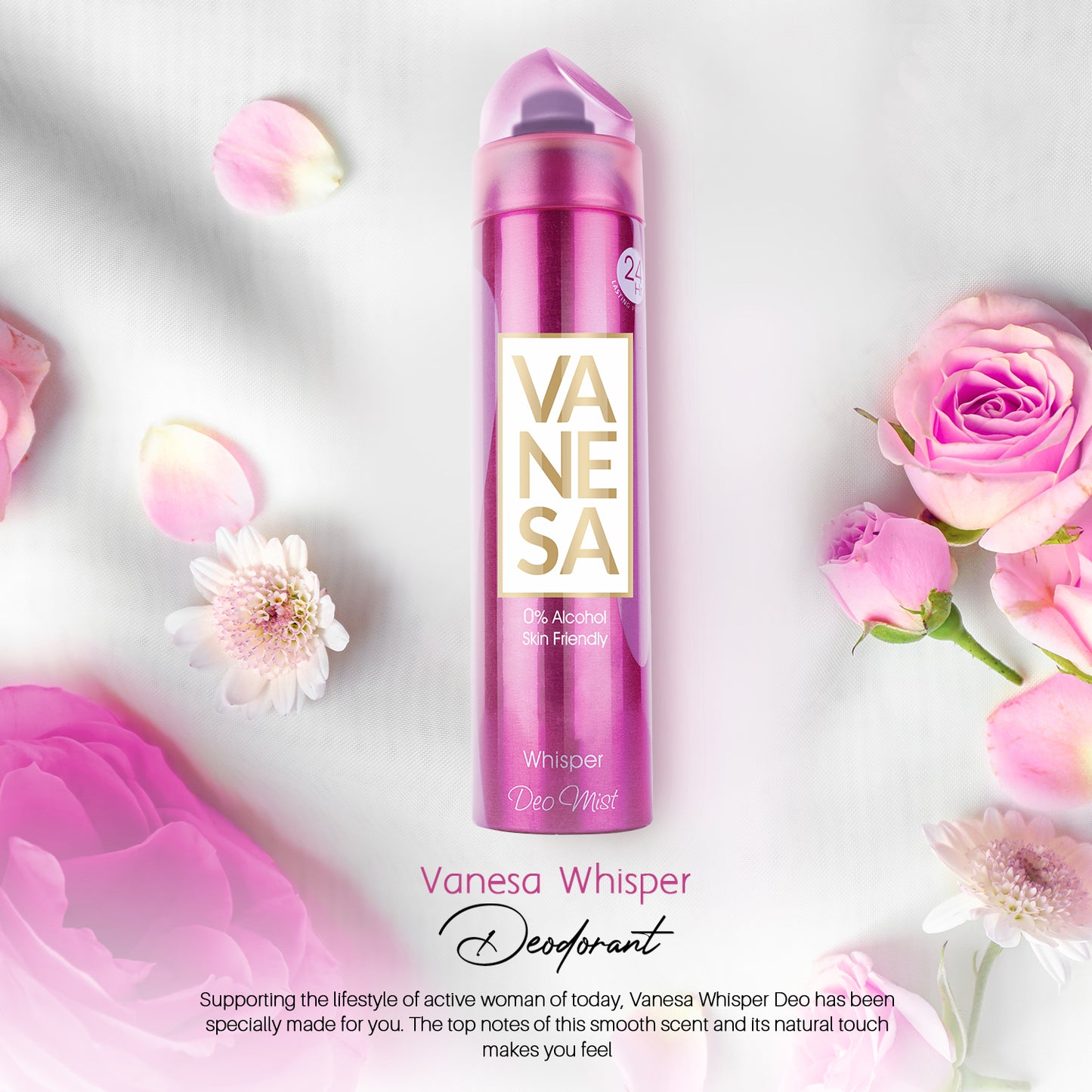 Vanesa Whisper Deo Mist, 0% Alcohol | Skin Friendly | 24 hours Lasting Protection | 150 ml | For Women