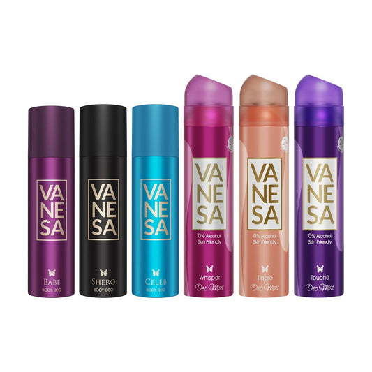 Vanesa Pack of 6 Deos & Deo Mists (Whisper + Touch + Tingle + Shero + Babe + Celeb) - 150ml Each