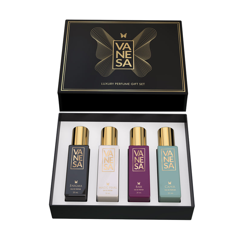 Vanesa Luxury Perfume Gift Set, Enigma, Magic pearl, Babe, Caper |Long Lasting Fragrance Perfume | Skin Friendly| For Women | 20 ml x 4 | Free Body Lotion
