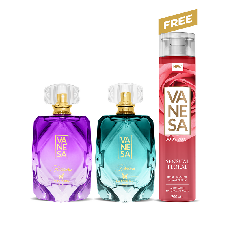 Vanesa Fantasy + Dream Eau De Parfum | Long Lasting Exotic Perfume | Skin Friendly | 100ml x 2 + Free Body Wash