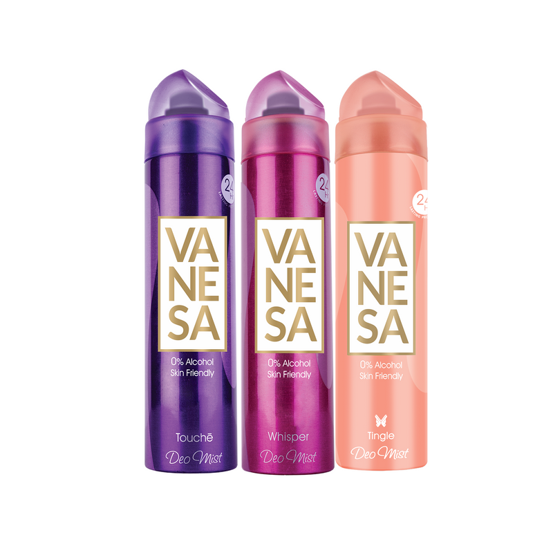 Vanesa Touche, Whisper & Tingle  Deo Mist, 0% Alcohol | Skin Friendly | 24 hours Lasting Protection | 150 ml each | For Women | Pack of 3