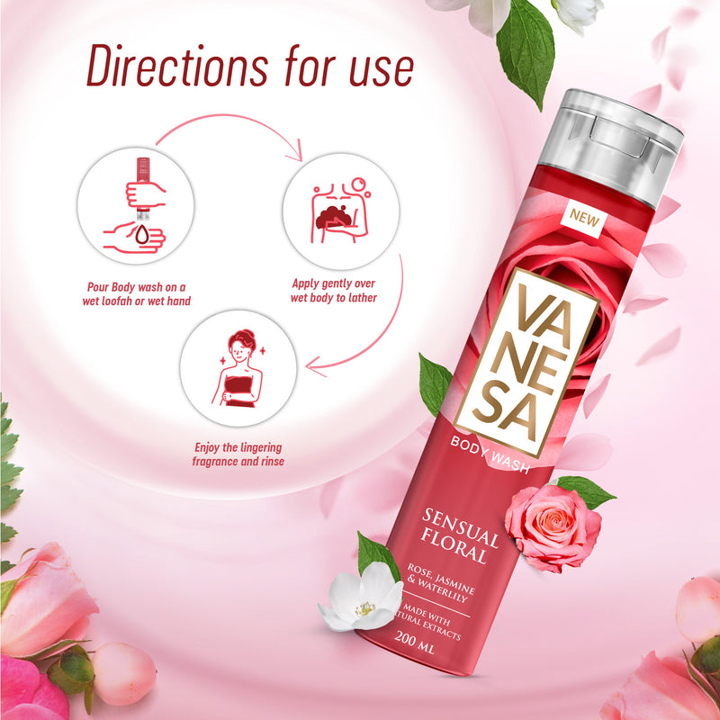 Vanesa Sensual Floral Body Wash with Rose, Jasmine & Waterlily| Made with Natural Extracts | With Glycerin | For Fresh Glowing Skin | For Women | 200 ml each | Pack of 2