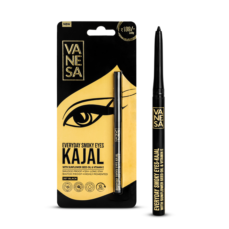 VANESA Everyday Smoky Eyes Kajal | Upto 12 Hrs Long Stay | Smudge Proof | Waterproof | Highly Pigmented | For Women | Jet Black Color| 0.3 g