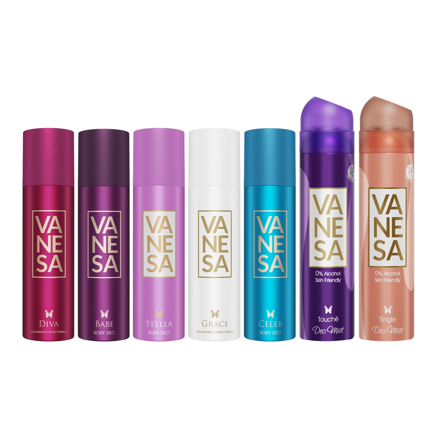 Vanesa Pack of 7 Deos (Diva, Babe, Stella, Celeb, Grace & Touch, Tingle Deo Mists) - 150ml Each