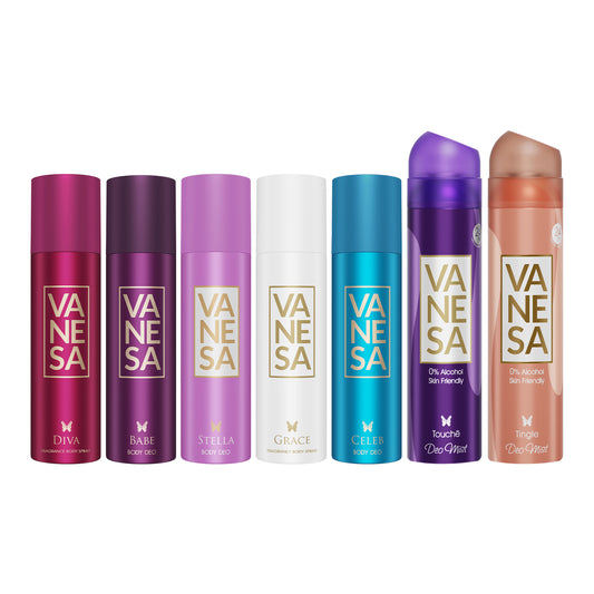 Vanesa Pack of 7 Deos (Diva, Babe, Stella, Celeb, Grace & Touch, Tingle Deo Mists) - 150ml Each