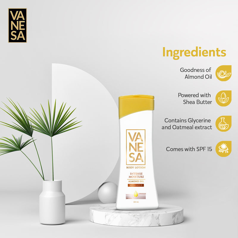 Vanesa Intense Moisture Body Lotion | Almond Oil with SPF | Sun Protection | For Dry Skin| Dermatologically Tested | 100 ml | Pack of 2