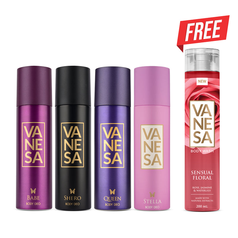 Vanesa Babe + Shero + Queen + Stella Body Deodorant For Women | 150ml each | Pack of 4 | Free Body Wash 200 ml