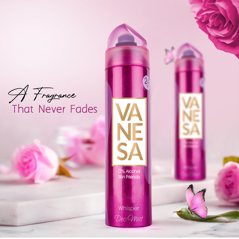 Vanesa Whisper Deo Mist, 0% Alcohol | Skin Friendly | 24 hours Lasting Protection | 150 ml | For Women