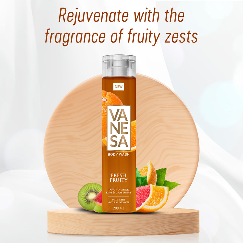 Vanesa Fresh Fruity Body Wash with Tangy Orange, Kiwi & Grapefruit | Made with Natural Extracts | With Glycerin | For Fresh Glowing Skin | For Women | 200 ml